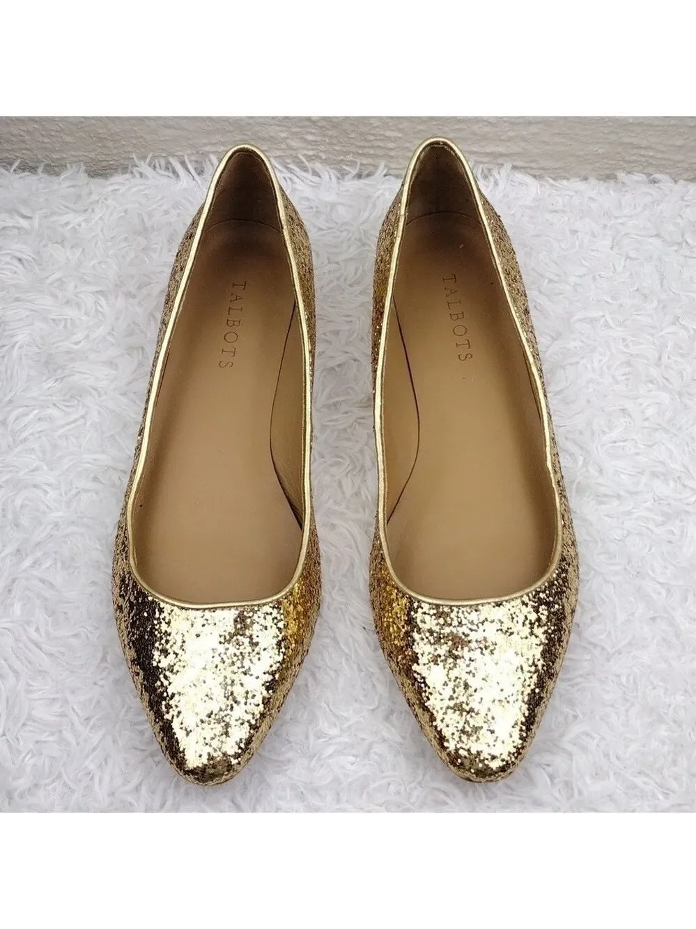 Talbots Gold Glitter Metallic Closed Almond Toe Slip On Leather Lined Flat Shoe